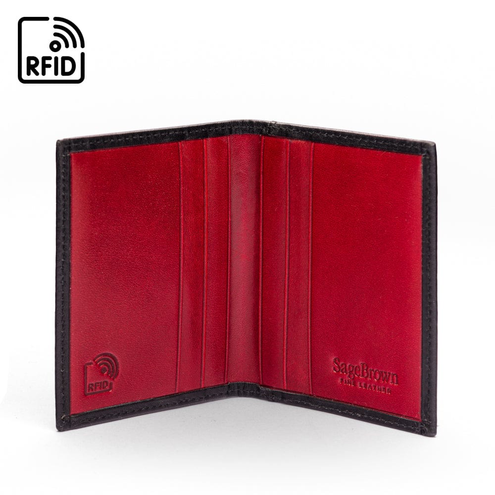 RFID leather credit card wallet, black with red, inside