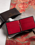 Leather money clip wallet, black with red, lifestyle