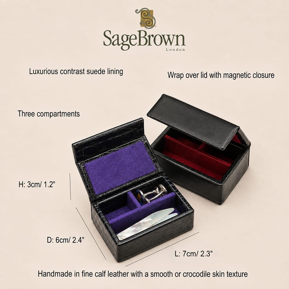 Small Leather Cufflink &amp; Collar Stiffener Box , features and dimensions