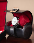 Small leather watch roll, black with red, lifestyle