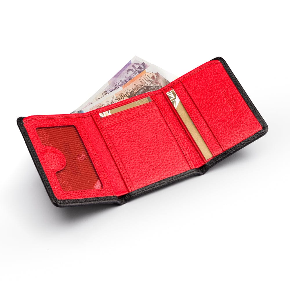 Trifold leather wallet with ID, black with red, inside