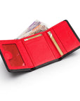 Trifold leather wallet with ID, black with red, inside