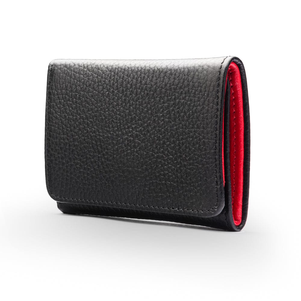 Trifold leather wallet with ID, black with red, front