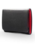 Trifold leather wallet with ID, black with red, front