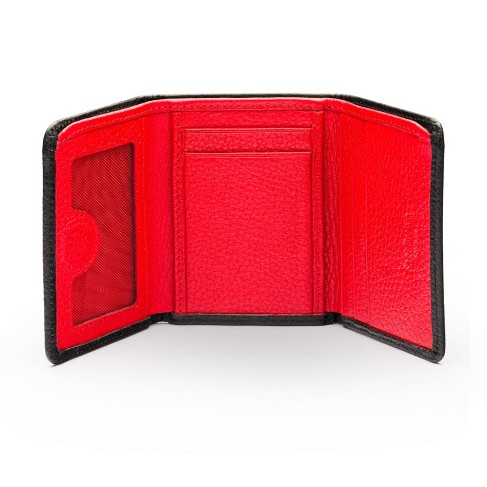 Trifold leather wallet with ID, black with red, open