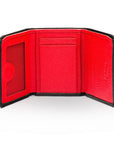 Trifold leather wallet with ID, black with red, open