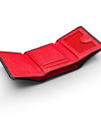 Trifold leather wallet with ID, black with red, interior