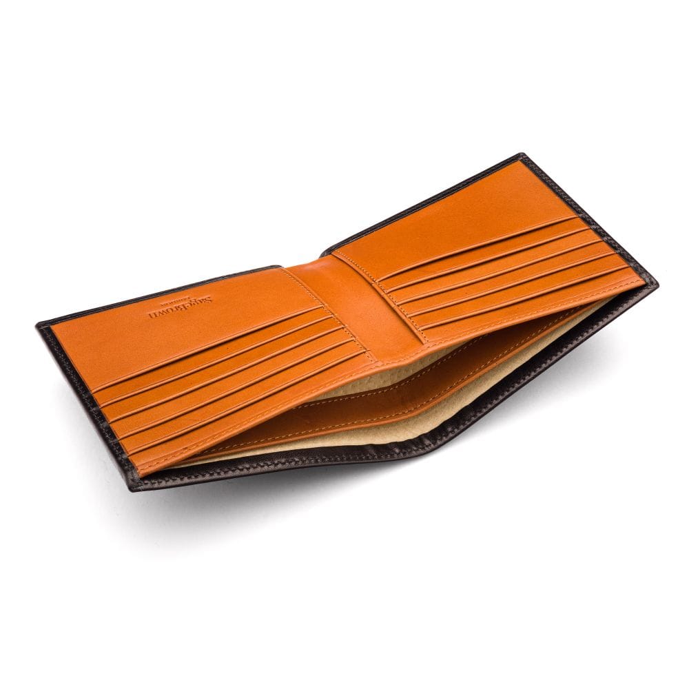 Men's RFID wallet with 10 CC, black with tan, inside view