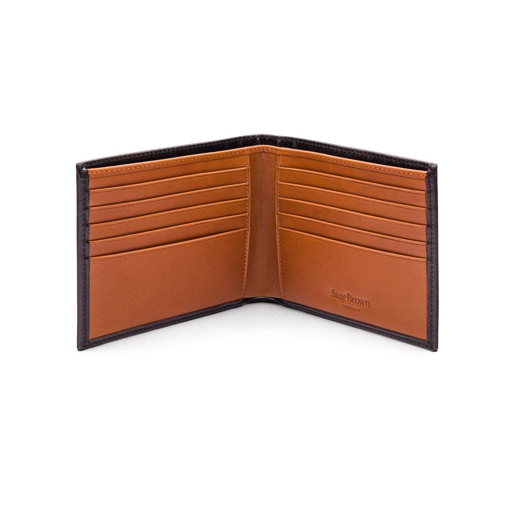 Men's RFID wallet with 10 CC, black with tan, open