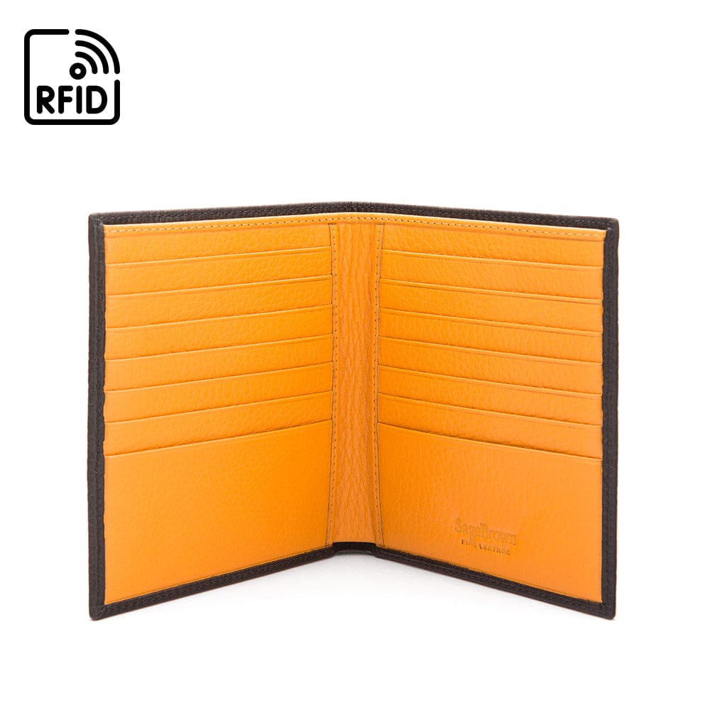 3/4 height leather RFID wallet 14 CC, black with yellow, open