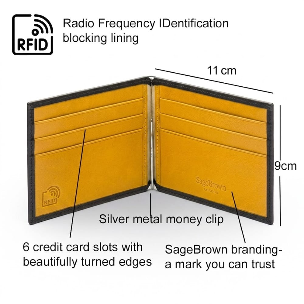 Leather money clip wallet, black with yellow,  features and dimensions