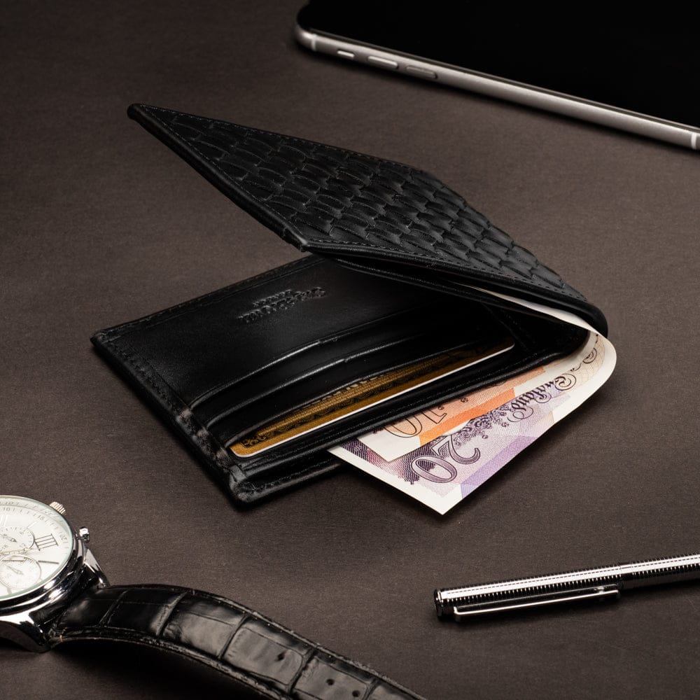 Woven leather wallet with 6 credit card slots, black, lifestyle