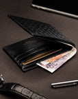 Woven leather wallet with 6 credit card slots, black, lifestyle