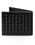Woven leather wallet with 6 credit card slots, black, back
