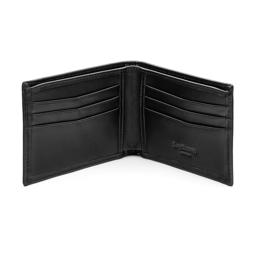 Woven leather wallet with 6 credit card slots, black, open