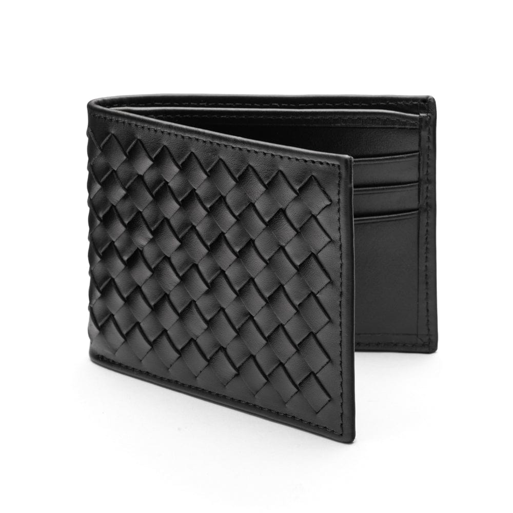 Woven leather wallet with 6 credit card slots, black, front