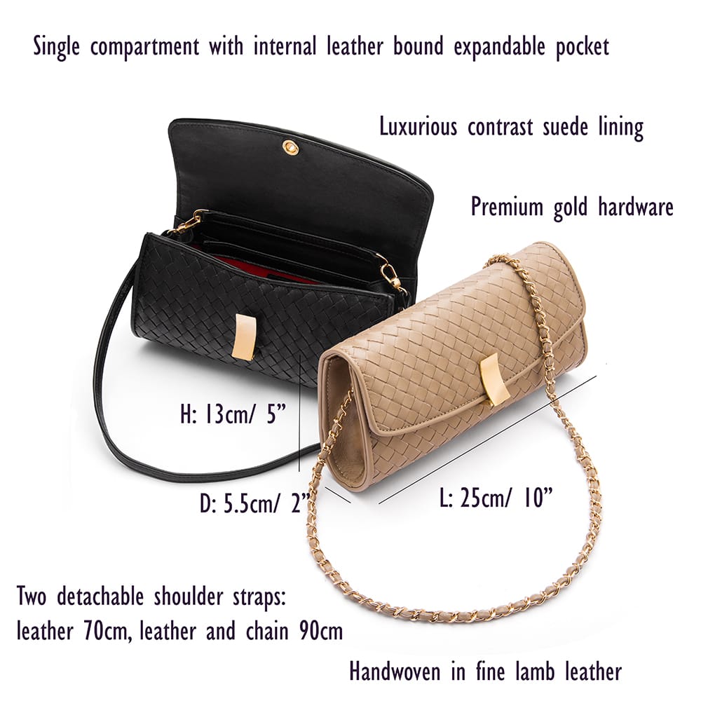 Woven leather clutch bag, features and dimensions