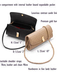 Woven leather clutch bag, features and dimensions