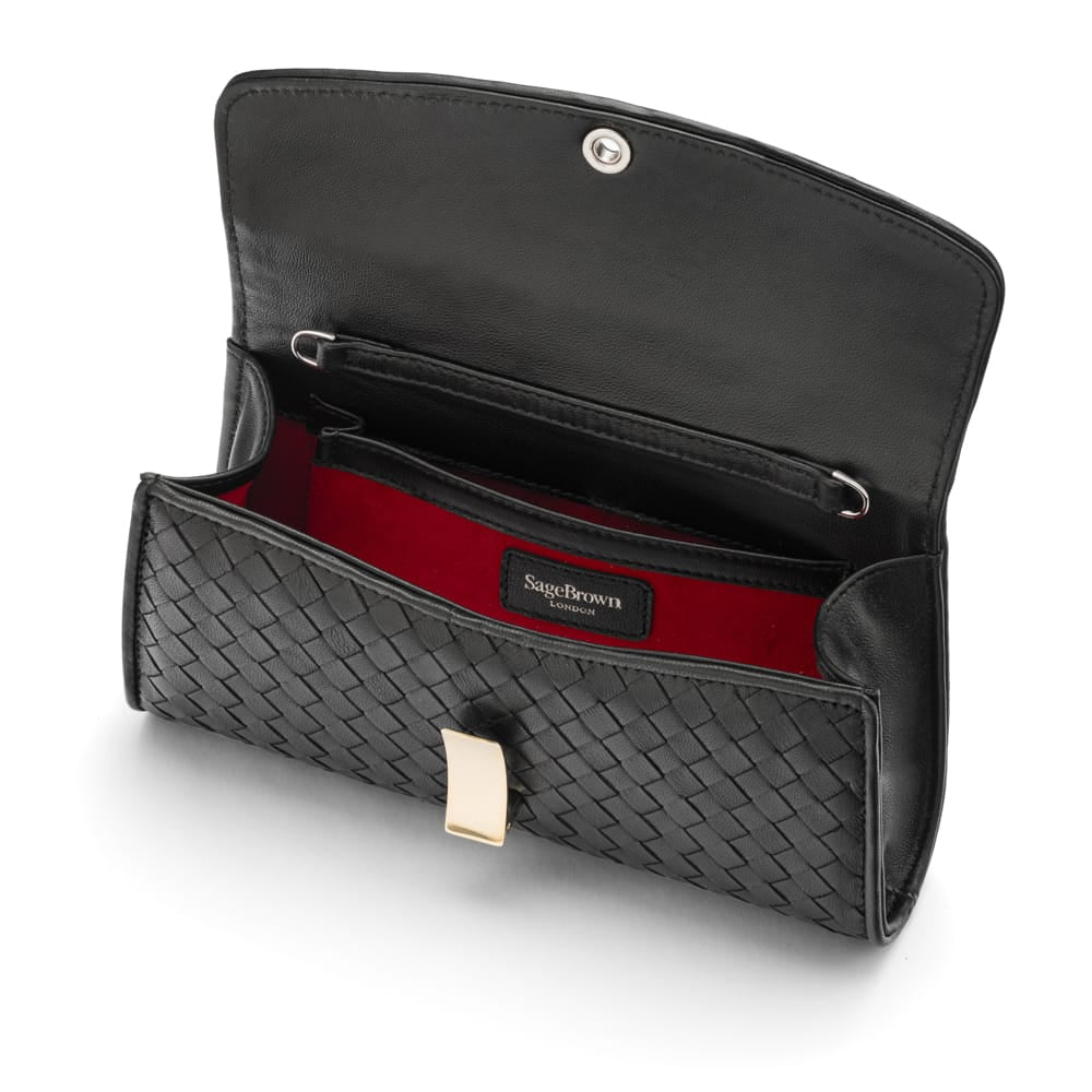 Woven leather clutch bag, black, inside