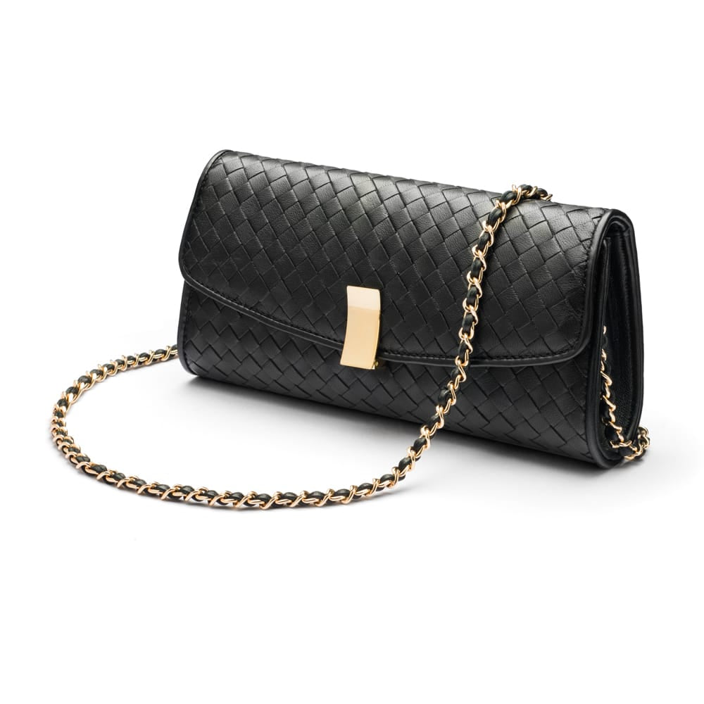 Woven leather clutch bag, black, with chain strap