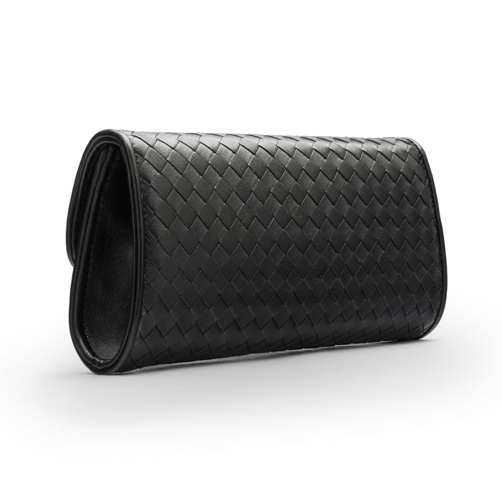Woven leather clutch bag, black, back