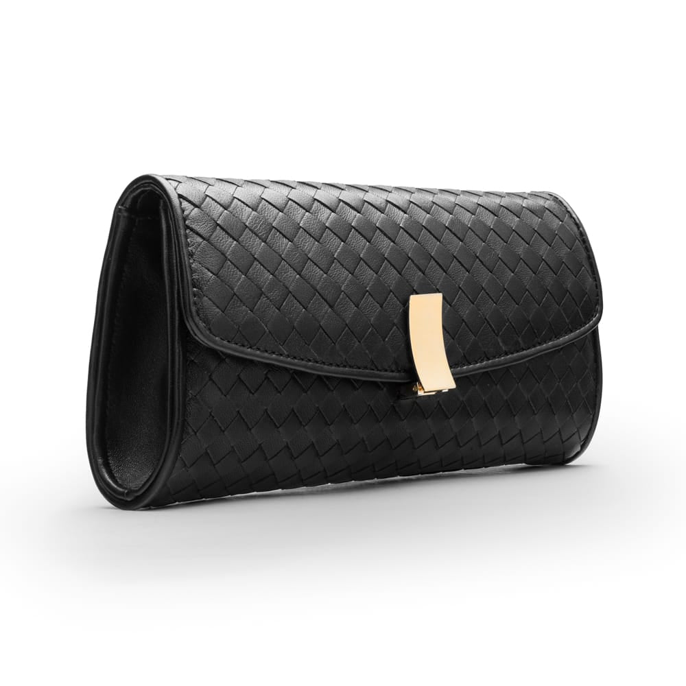 Woven leather clutch bag, black, side