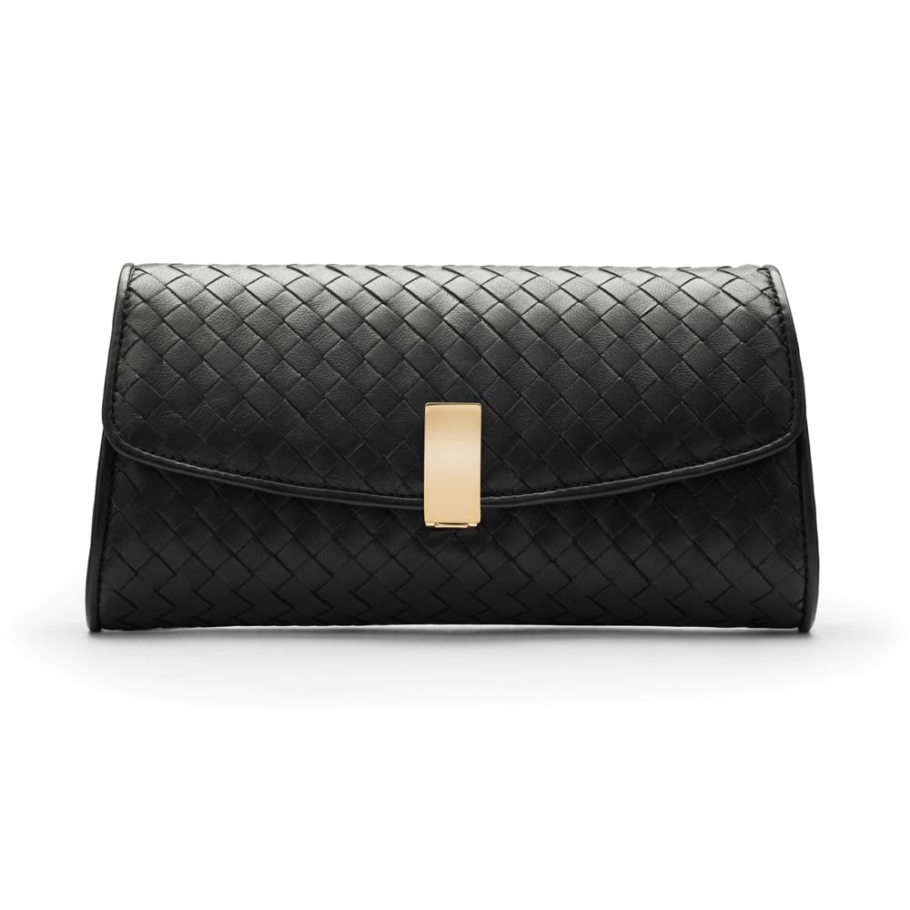 Woven leather clutch bag, black, front