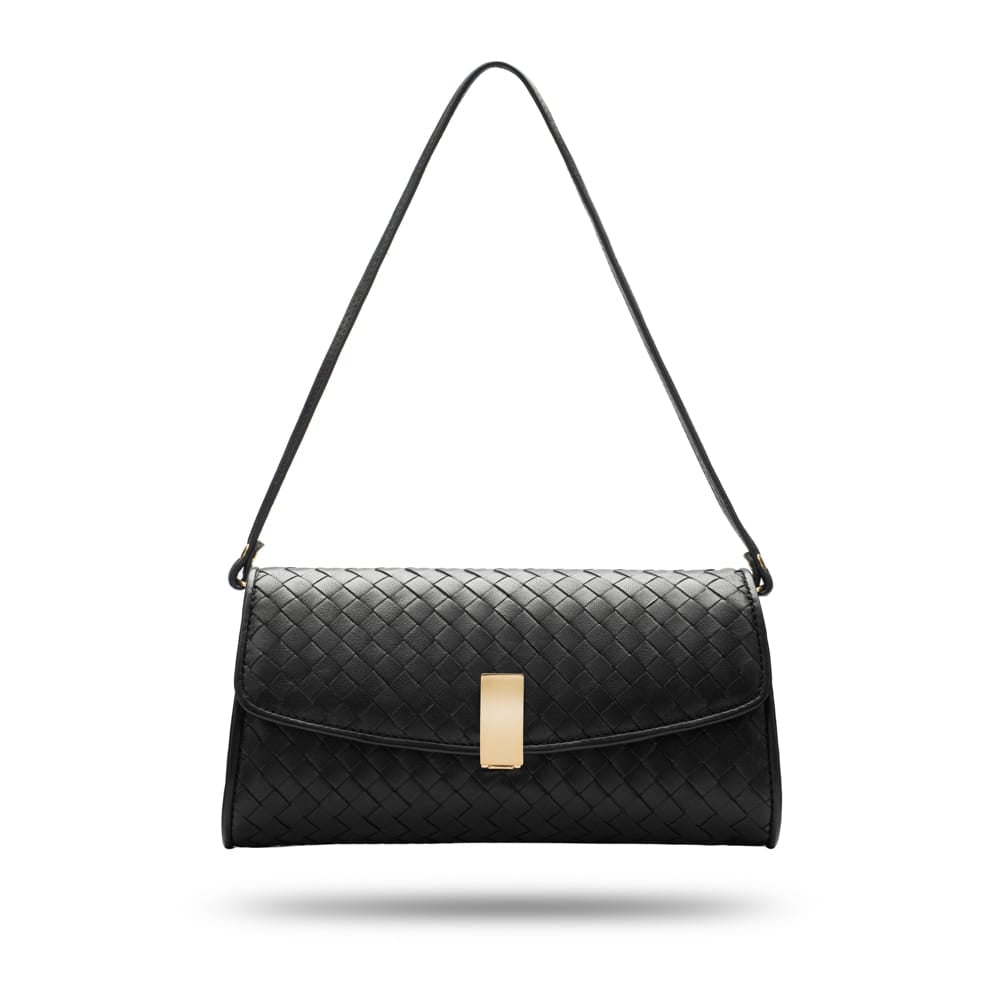 Woven leather clutch bag, black, with shorter strap