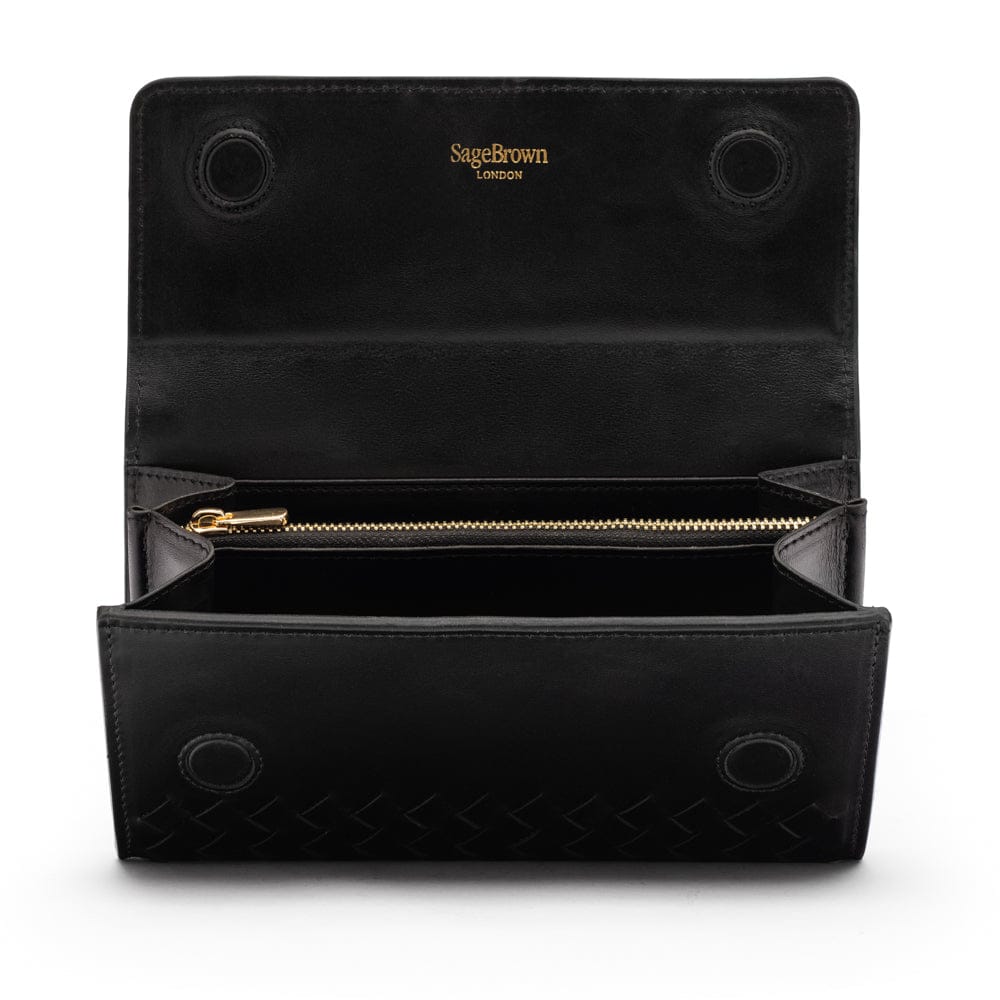 Woven leather concertina purse, black, open