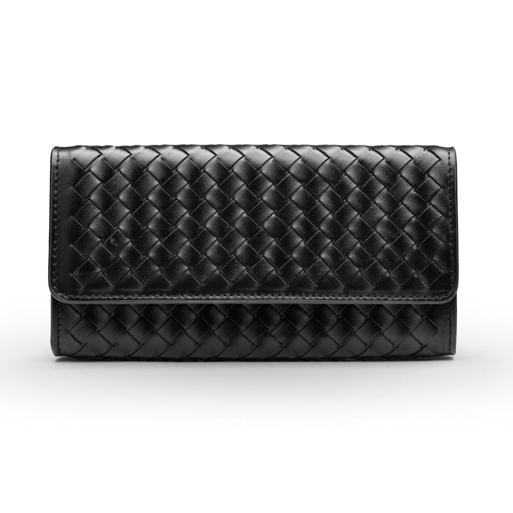 Woven leather concertina purse, black, front