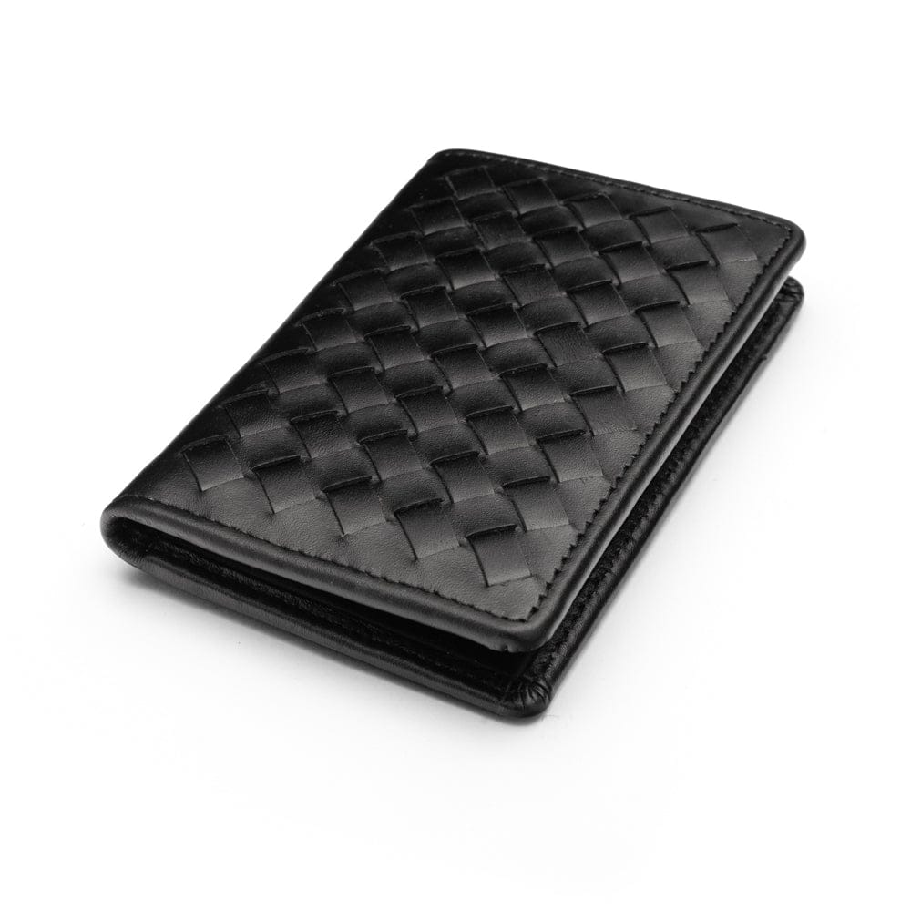 Woven leather card holder, black, front