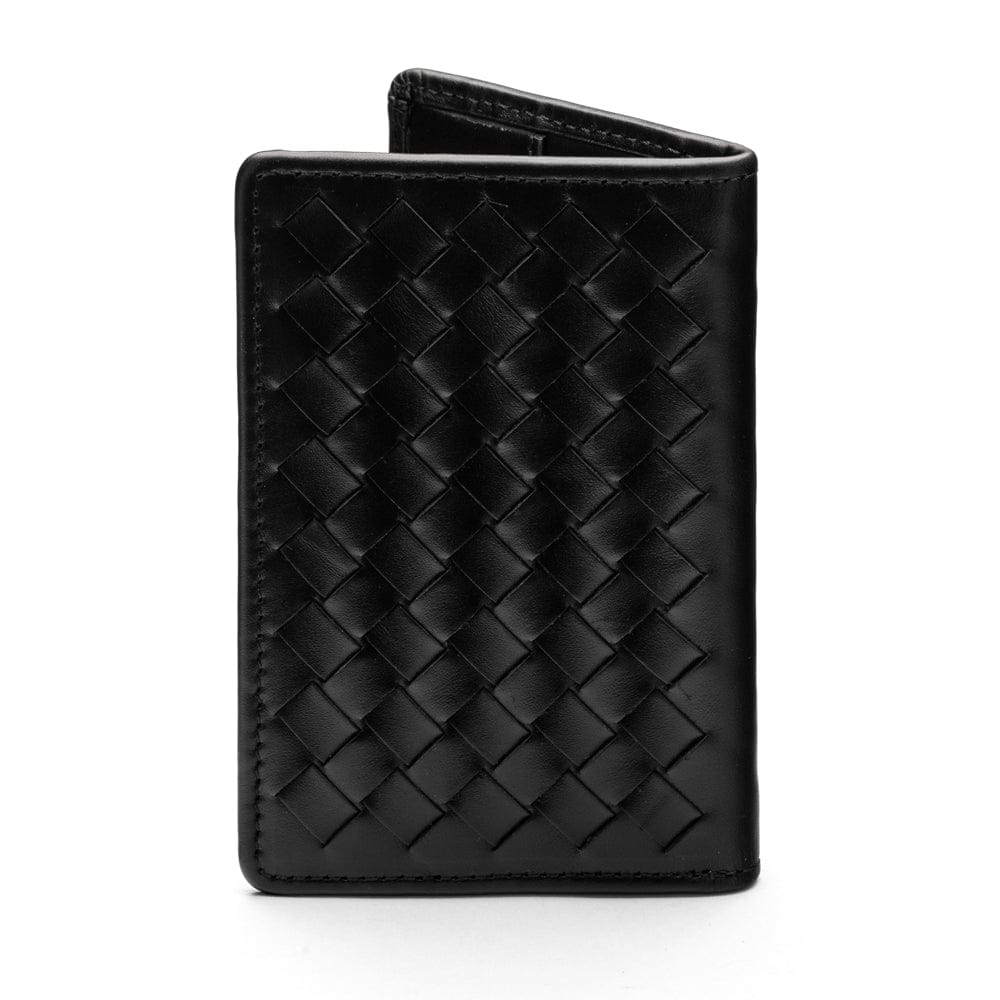 Woven leather card holder, black, back