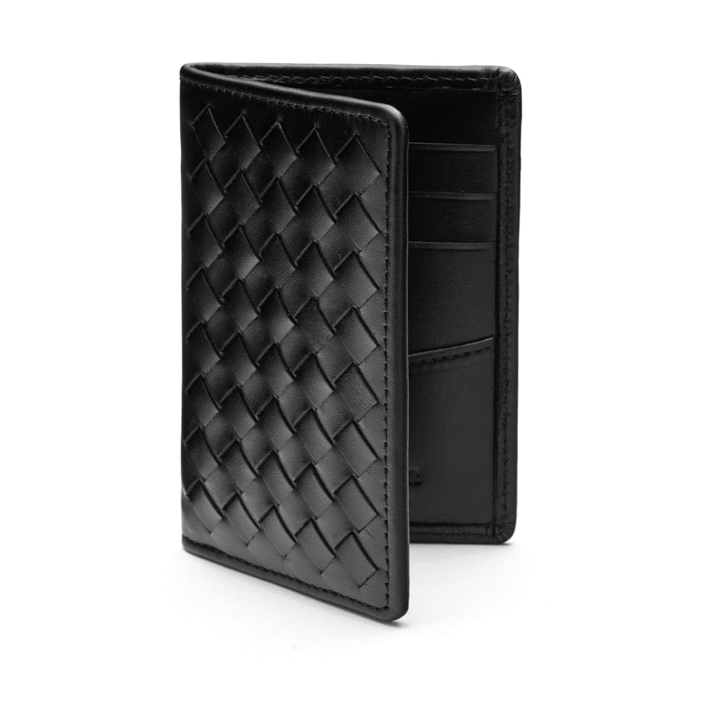 Woven leather card holder, black, open
