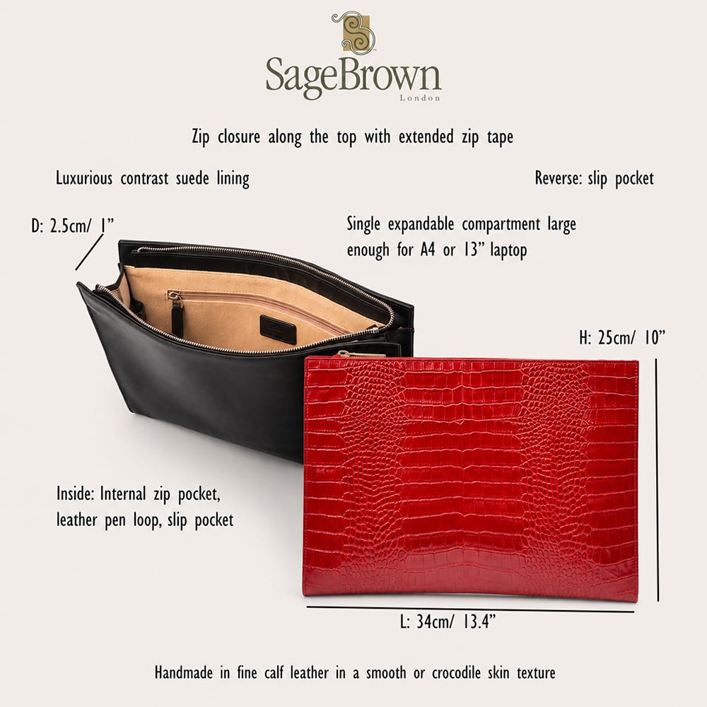 Zip top leather folder, features and dimensions