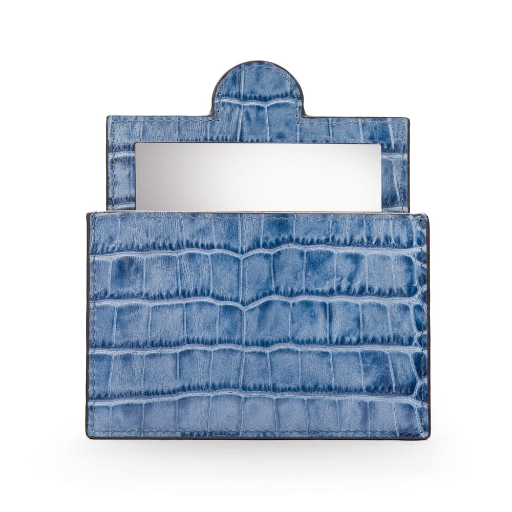 Compact leather mirror, blue croc, front