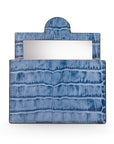 Compact leather mirror, blue croc, front