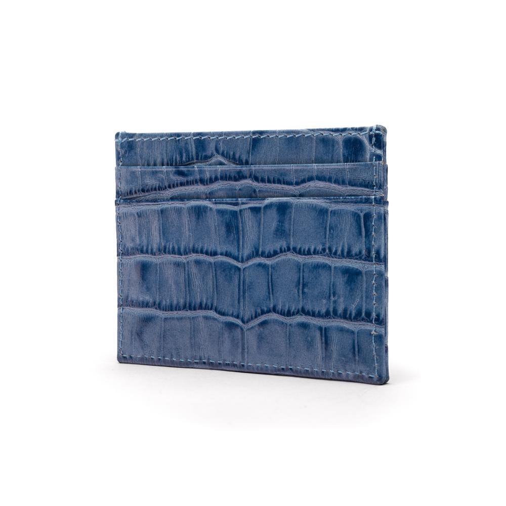 Flat leather credt card case, blue croc, side