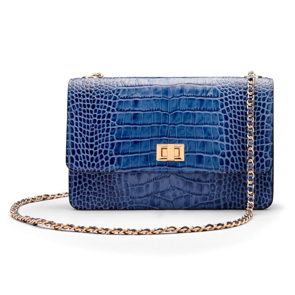 Leather chain bag, blue croc, front