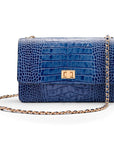 Leather chain bag, blue croc, front