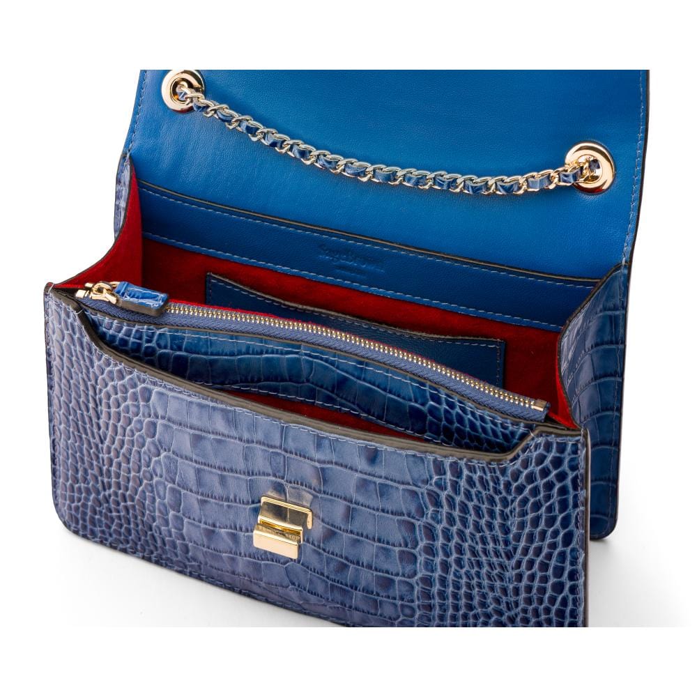 Leather chain bag, blue croc, inside