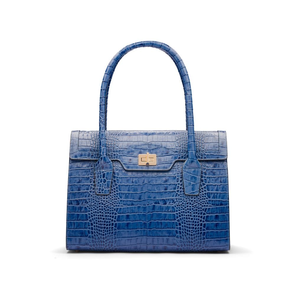 Large leather Morgan bag, blue croc, front view