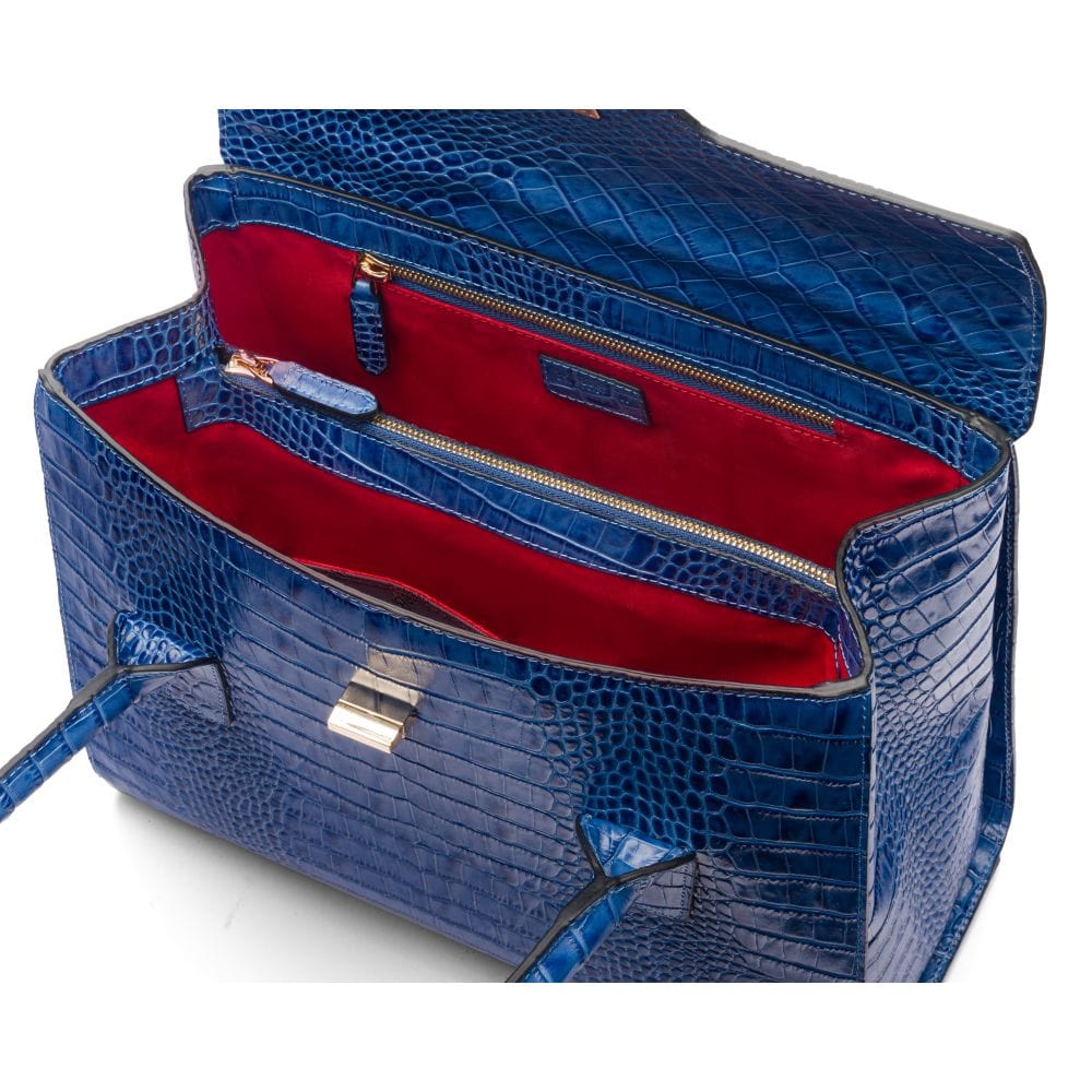 Large leather Morgan bag, blue croc, inside