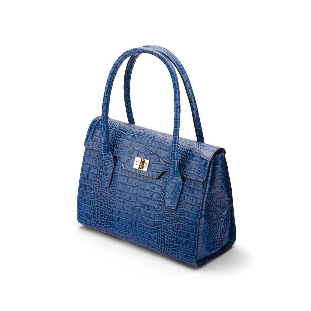 Large leather Morgan bag, blue croc, side