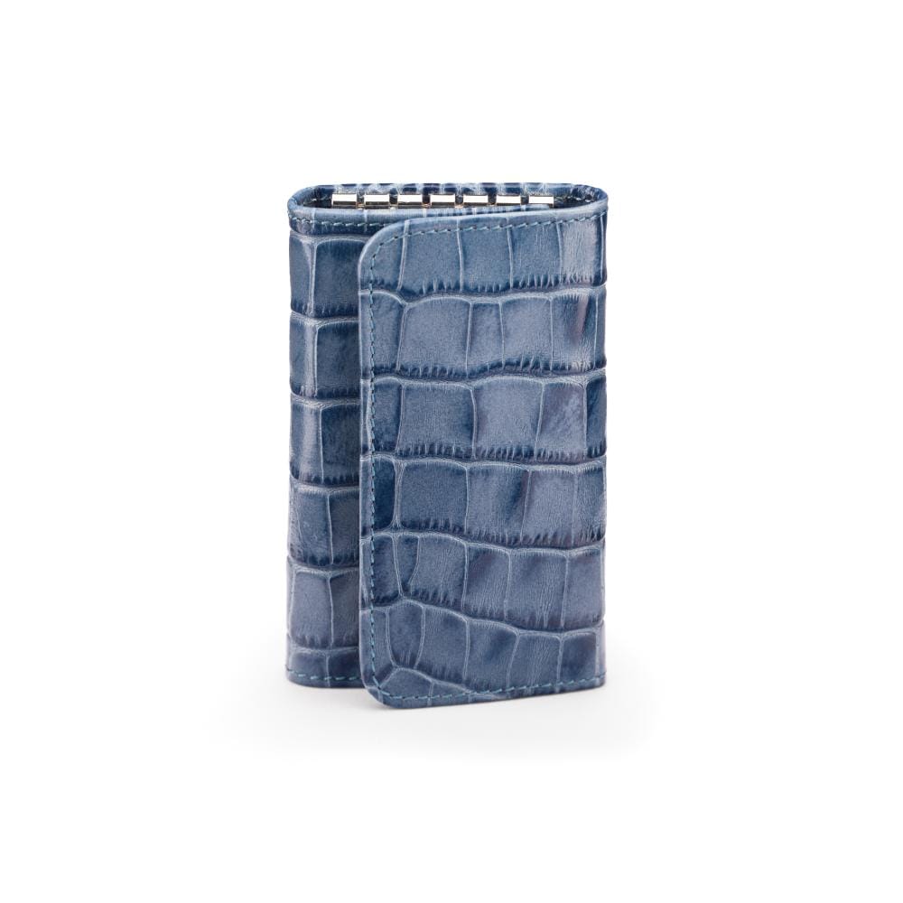 Leather key wallet, blue croc, front