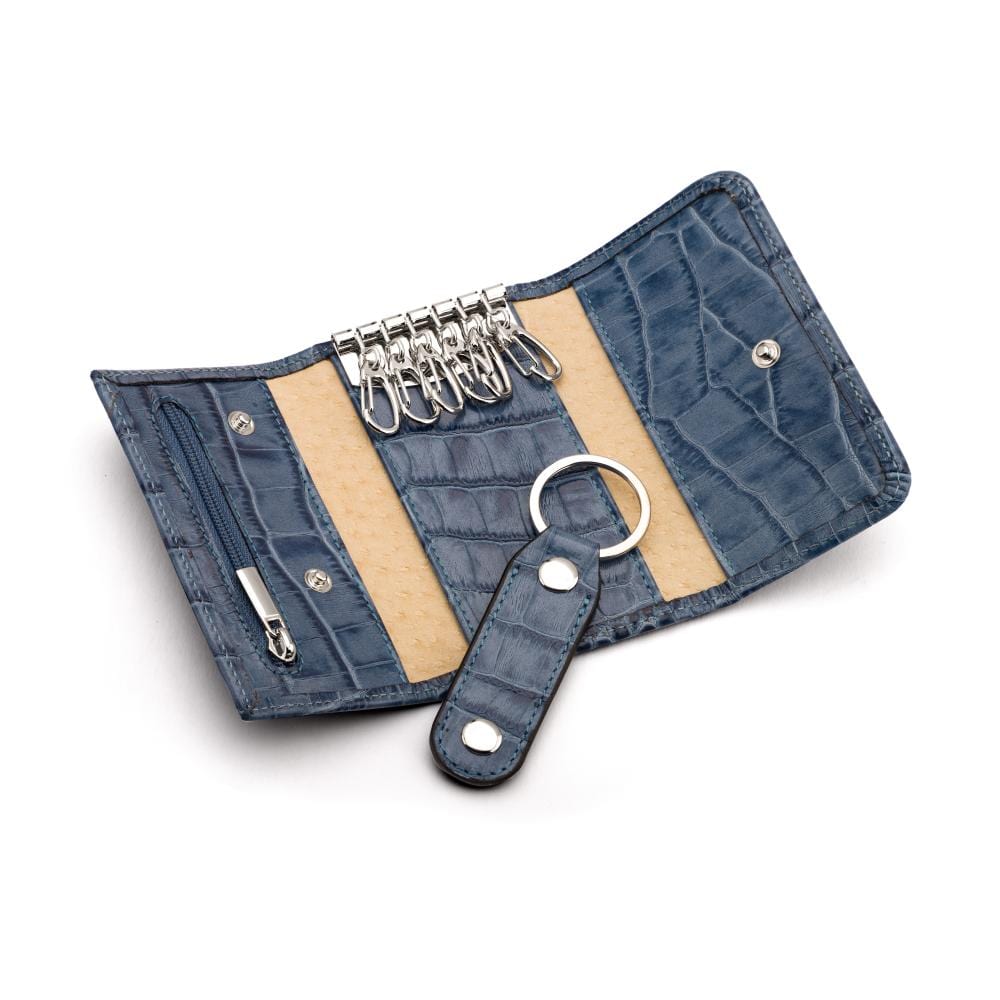 Leather key wallet, blue croc, open