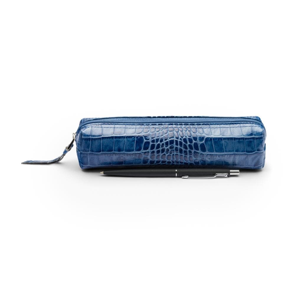 Leather pencil case, blue croc, front