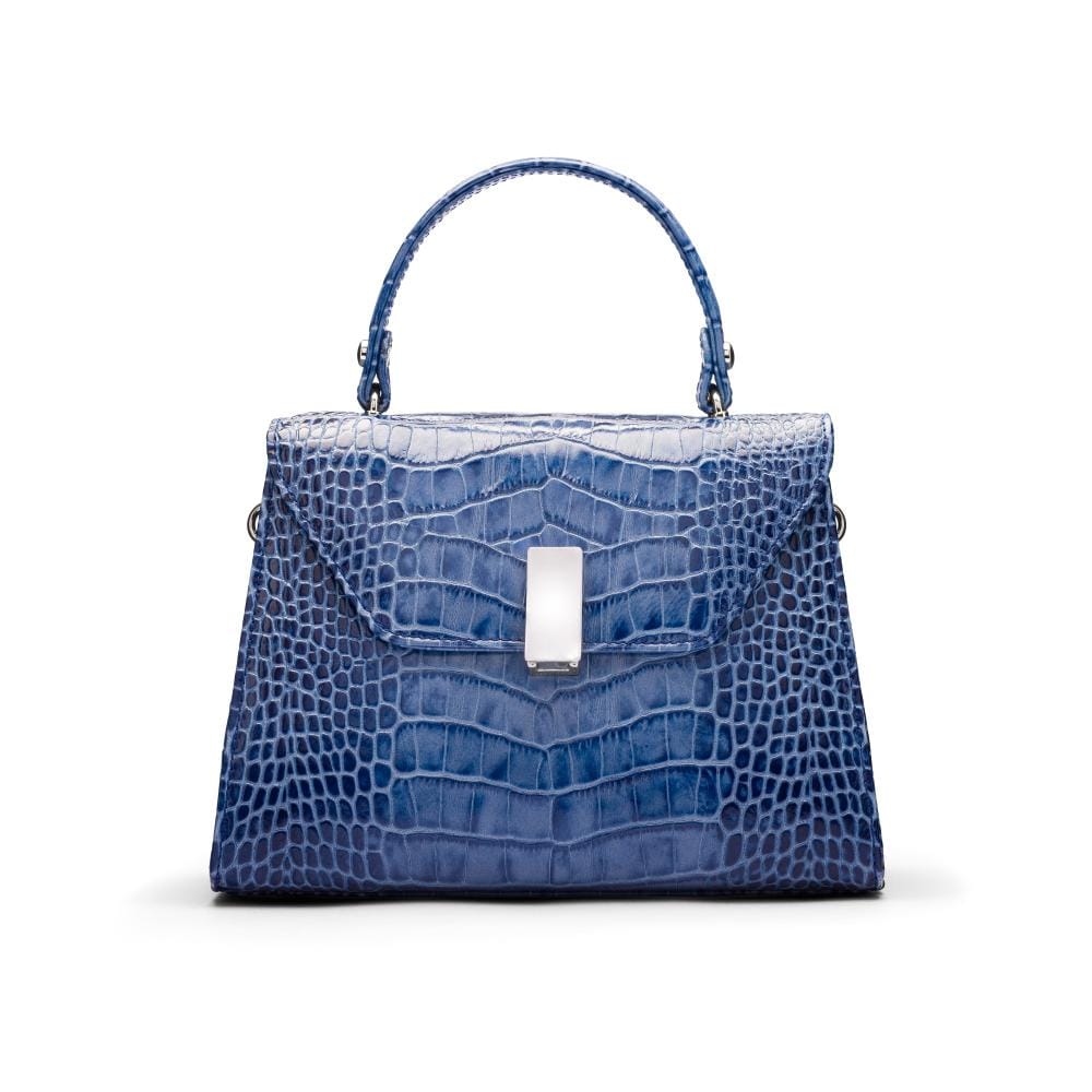 Sabrina top handle bag, blue croc leather, front