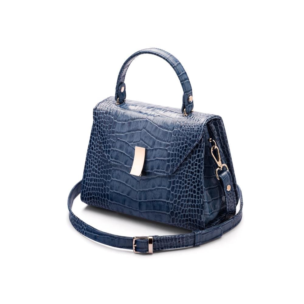 Sabrina top handle bag, blue croc leather, with shoulder strap