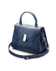 Sabrina top handle bag, blue croc leather, with shoulder strap