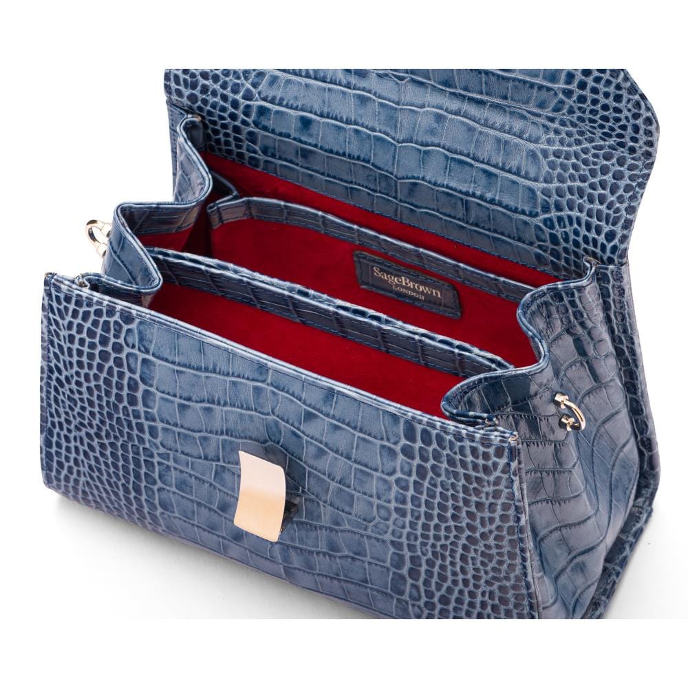 Sabrina top handle bag, blue croc leather, inside